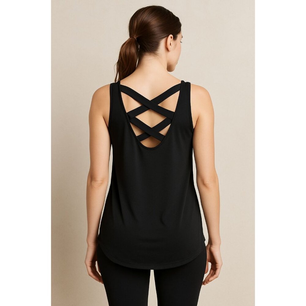 Adrienne Vittadini Sport Black Tank Top LG Stretchy Cross Back Yoga Fitness Top - Picture 4 of 9